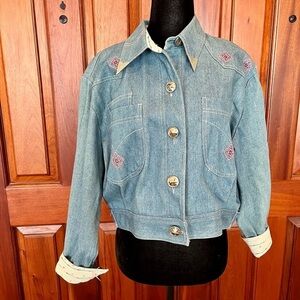 VTG 1990s SK Wear Beaded Embroidered Denim Jacket Button Up Boho Western Size 12